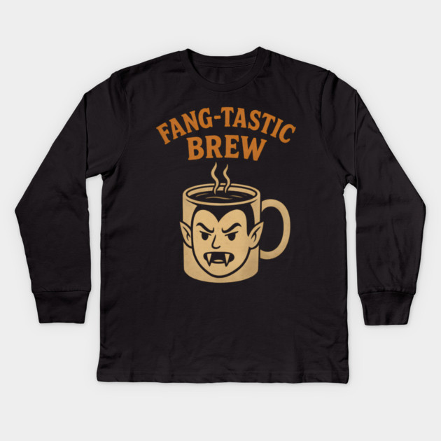 Fang-tastic Brew - Cute Vampire Coffee Mug Halloween Design Kids Long Sleeve T-Shirt by Demian Stipatio