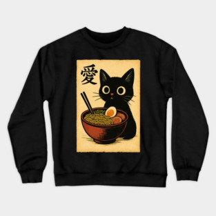 Kawaii Cat Graphic Tee Funny Cat Eating Ramen Japanese Anime Crewneck Sweatshirt