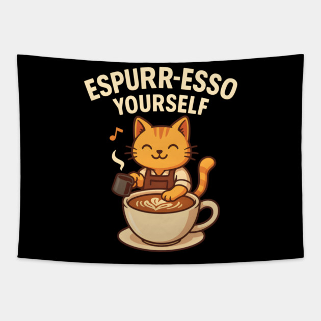 Espurr-esso Yourself – Cute Cat Coffee Pun Gift Tapestry by MakerMind8.2