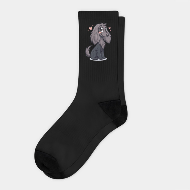 Cute Black Afghan Hound With Silky Hair and Fluffy Ears – Adorable Dog Art Design Socks by IamActiveDog