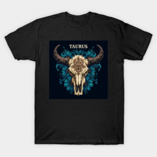 Floral Skull & Horns Design T-Shirt
