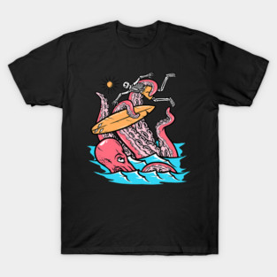 Fun Skeleton Surfer And The Octopus Surfing Beach Design T-Shirt