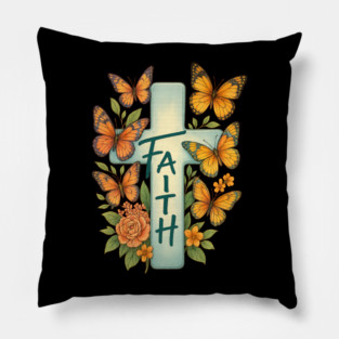 Faith Cross Butterfly Floral Christian Religious Shirt Pillow