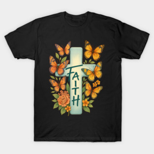 Faith Cross Butterfly Floral Christian Religious Shirt T-Shirt