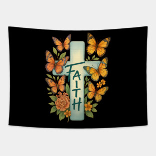 Faith Cross Butterfly Floral Christian Religious Shirt Tapestry