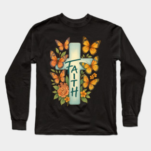 Faith Cross Butterfly Floral Christian Religious Shirt Long Sleeve T-Shirt