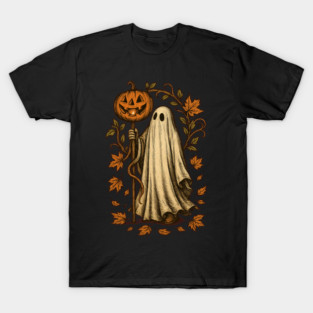 Spooky Halloween Ghost with Pumpkin Autumn Leaves Shirt T-Shirt