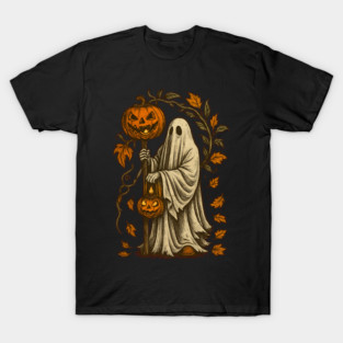 Halloween Ghost with Pumpkin Autumn Leaves Spooky Graphic Tee T-Shirt