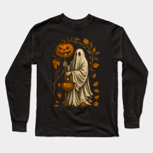Halloween Ghost with Pumpkin Autumn Leaves Spooky Graphic Tee Long Sleeve T-Shirt