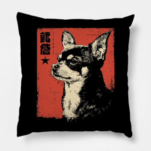 Fierce Chihuahua Portrait Vintage Japanese Art Style Pillow