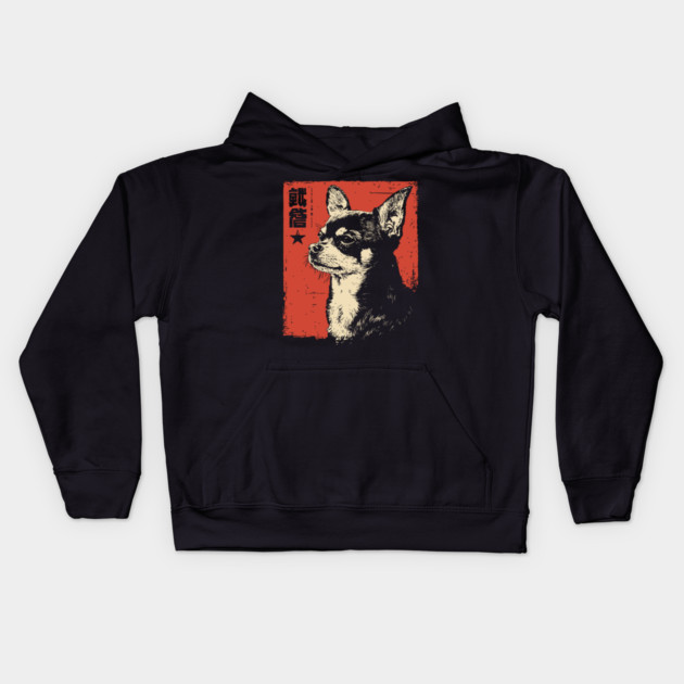 Fierce Chihuahua Portrait Vintage Japanese Art Style Kids Hoodie by TuncGK