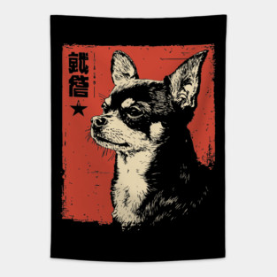 Fierce Chihuahua Portrait Vintage Japanese Art Style Tapestry