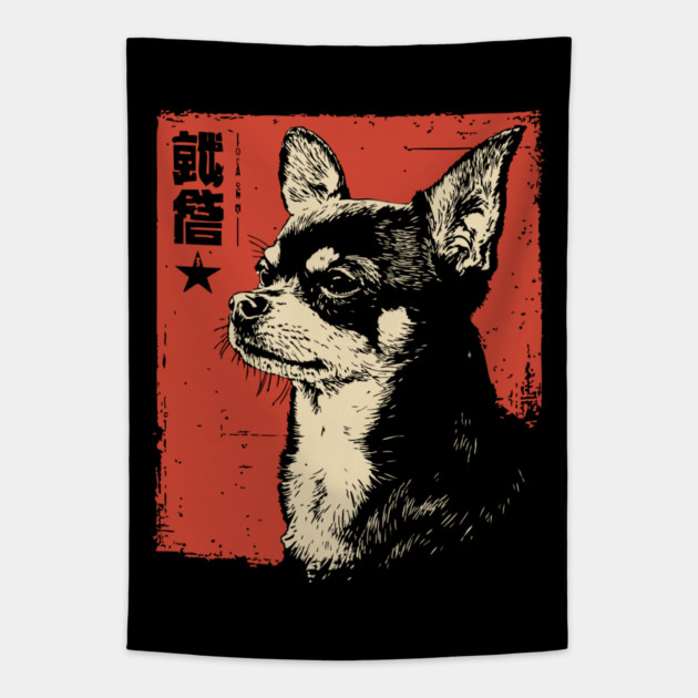 Fierce Chihuahua Portrait Vintage Japanese Art Style Tapestry by TuncGK