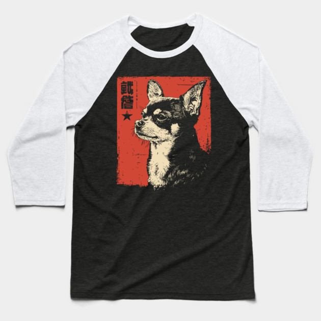 Fierce Chihuahua Portrait Vintage Japanese Art Style Baseball T-Shirt by TuncGK