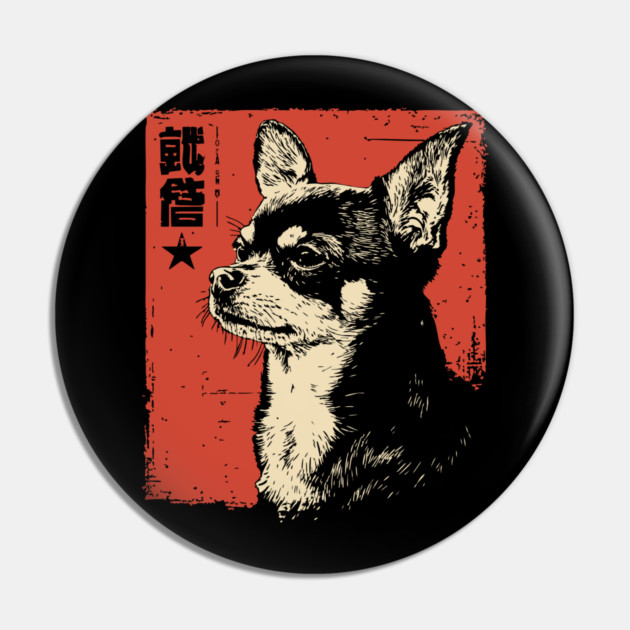 Fierce Chihuahua Portrait Vintage Japanese Art Style Pin by TuncGK