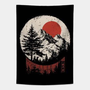 Vintage Colorado Rocky Mountains Japanese Art Style Tapestry