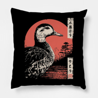 Serene Duck by the Water Vintage Japanese Art Pillow