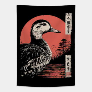 Serene Duck by the Water Vintage Japanese Art Tapestry