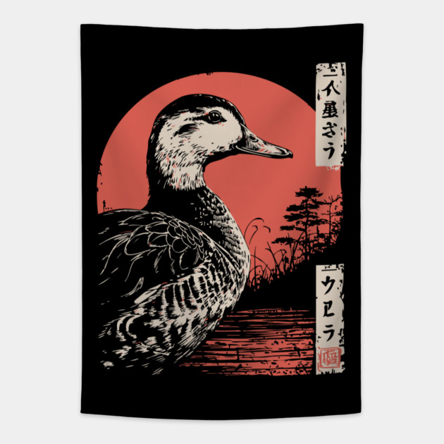 Serene Duck by the Water Vintage Japanese Art Tapestry by TuncGK
