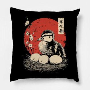 Serene Duckling and Eggs Japanese Cherry Blossom Art Pillow
