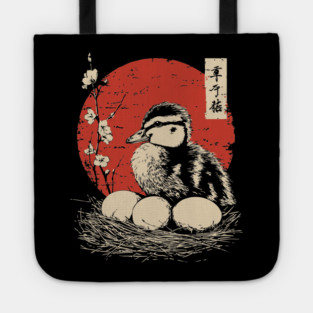 Serene Duckling and Eggs Japanese Cherry Blossom Art Tote