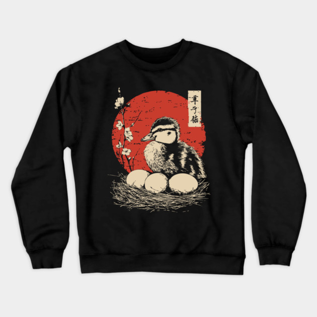 Serene Duckling and Eggs Japanese Cherry Blossom Art Crewneck Sweatshirt by TuncGK