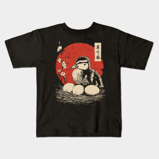 Serene Duckling and Eggs Japanese Cherry Blossom Art Kids T-Shirt by TuncGK
