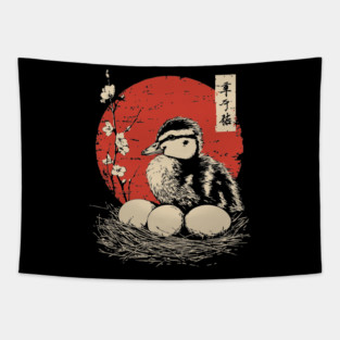 Serene Duckling and Eggs Japanese Cherry Blossom Art Tapestry