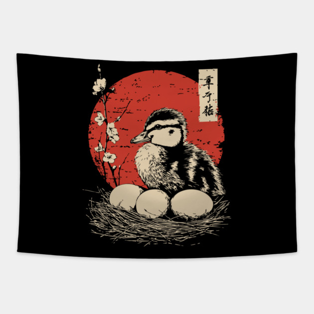 Serene Duckling and Eggs Japanese Cherry Blossom Art Tapestry by TuncGK
