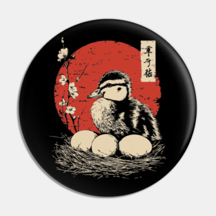 Serene Duckling and Eggs Japanese Cherry Blossom Art Pin
