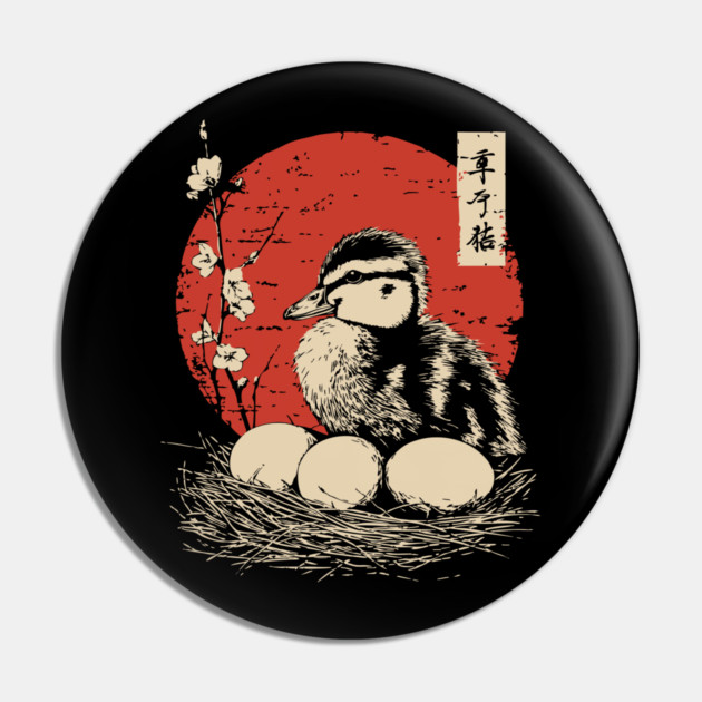 Serene Duckling and Eggs Japanese Cherry Blossom Art Pin by TuncGK