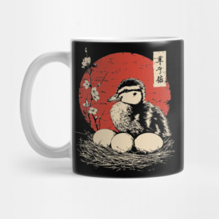 Serene Duckling and Eggs Japanese Cherry Blossom Art Mug