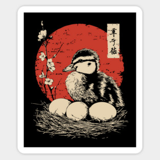 Serene Duckling and Eggs Japanese Cherry Blossom Art Sticker