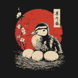 Serene Duckling and Eggs Japanese Cherry Blossom Art T-Shirt
