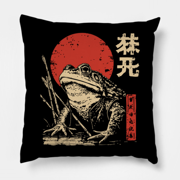 Epic Zen Frog in a Swamp Japanese Ukiyo-e Art Pillow by TuncGK