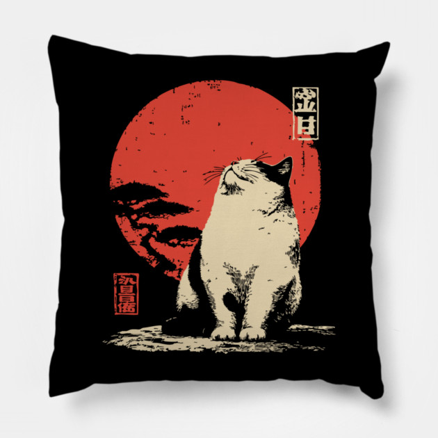 Contemplative Fat Cat Vintage Japanese Ukiyo-e Art Pillow by TuncGK
