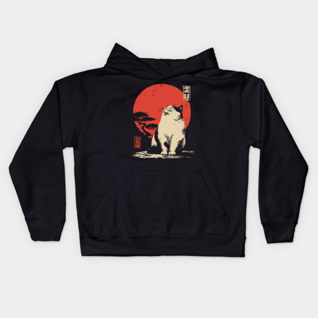 Contemplative Fat Cat Vintage Japanese Ukiyo-e Art Kids Hoodie by TuncGK