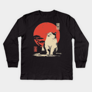 Contemplative Fat Cat Vintage Japanese Ukiyo-e Art Kids Long Sleeve T-Shirt