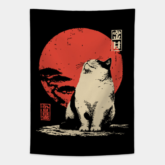 Contemplative Fat Cat Vintage Japanese Ukiyo-e Art Tapestry by TuncGK