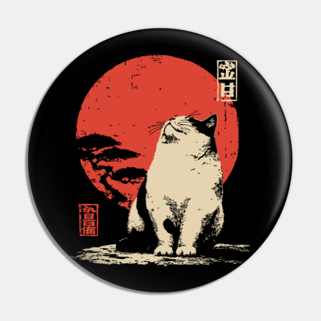 Contemplative Fat Cat Vintage Japanese Ukiyo-e Art Pin by TuncGK