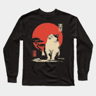 Contemplative Fat Cat Vintage Japanese Ukiyo-e Art Long Sleeve T-Shirt