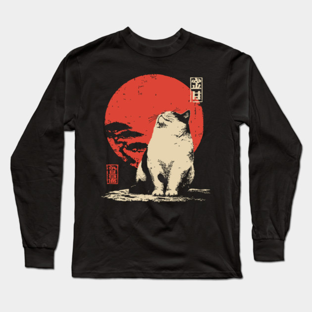 Contemplative Fat Cat Vintage Japanese Ukiyo-e Art Long Sleeve T-Shirt by TuncGK