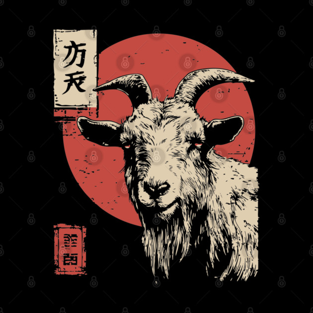 The Unflinching Goat Vintage Ukiyo-e Farm Portrait by TuncGK