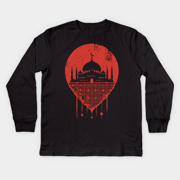 Serene Mosque Silhouette Vintage Islamic Art Style Kids Long Sleeve T-Shirt by TuncGK