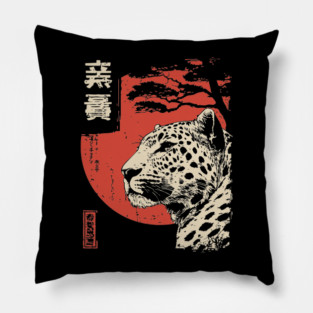 Intense Jaguar Portrait Vintage Japanese Art Style Pillow