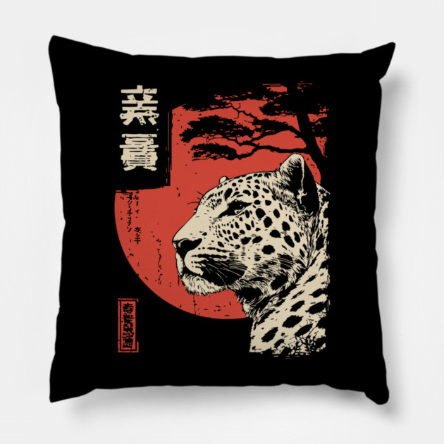 Intense Jaguar Portrait Vintage Japanese Art Style Pillow by TuncGK