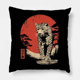 Stalking Jaguar Vintage Ukiyo-e Wildlife Art Pillow