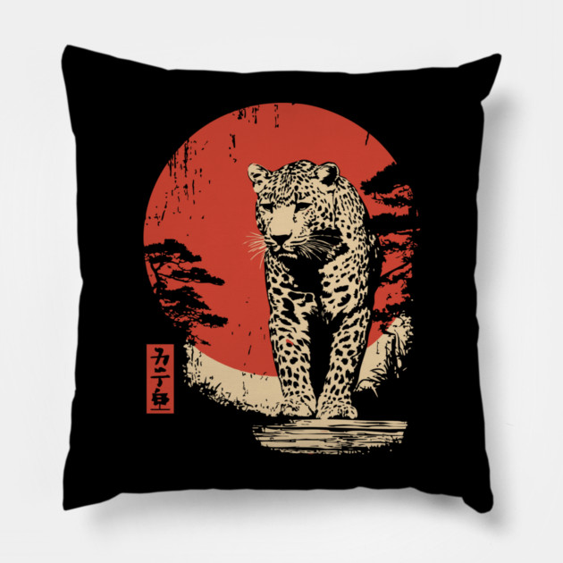 Stalking Jaguar Vintage Ukiyo-e Wildlife Art Pillow by TuncGK