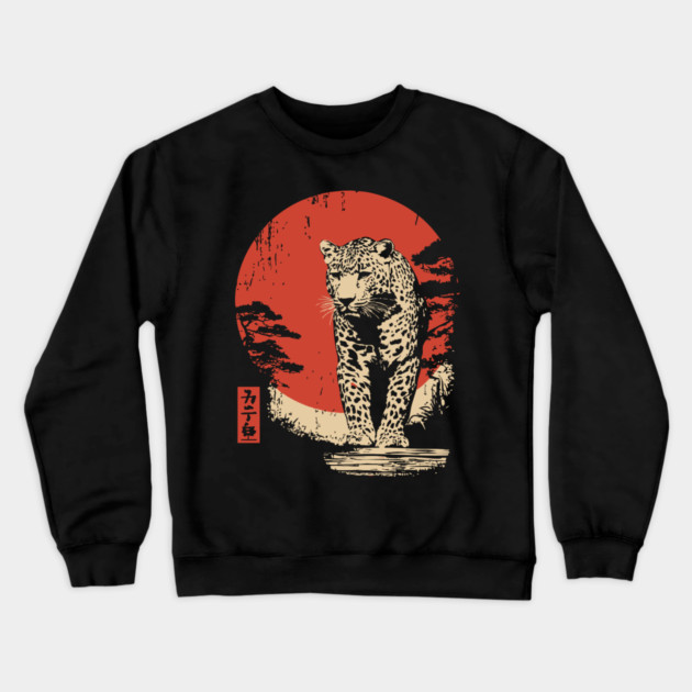 Stalking Jaguar Vintage Ukiyo-e Wildlife Art Crewneck Sweatshirt by TuncGK