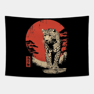 Stalking Jaguar Vintage Ukiyo-e Wildlife Art Tapestry
